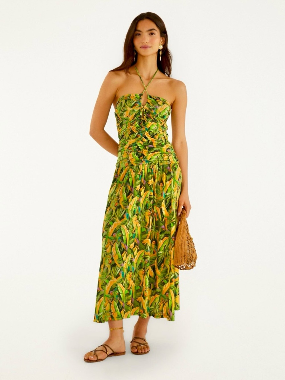 FARM Rio Strapless Tropical Midi Dress in Green and Yellow Print